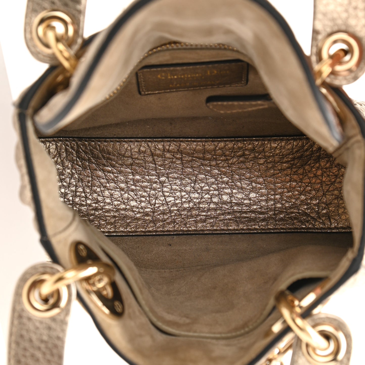 Metallic Grained Calfskin Cannage Mini Supple Lady Dior Pale Gold