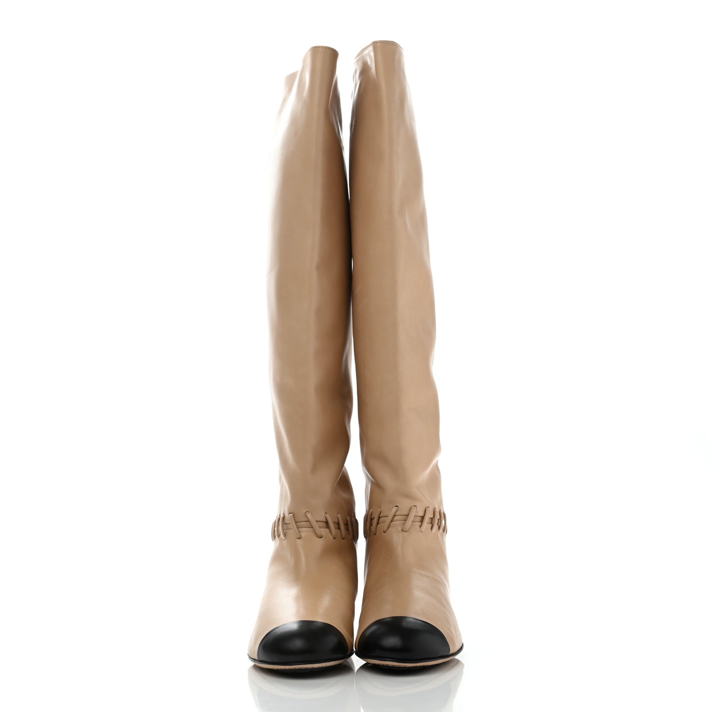 Lambskin Lace Up Cap Toe High Boots 37 Beige Black
