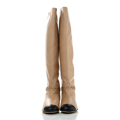 Chanel Lambskin Lace Up Cap Toe High Boots 37 Beige Black 2 of 13