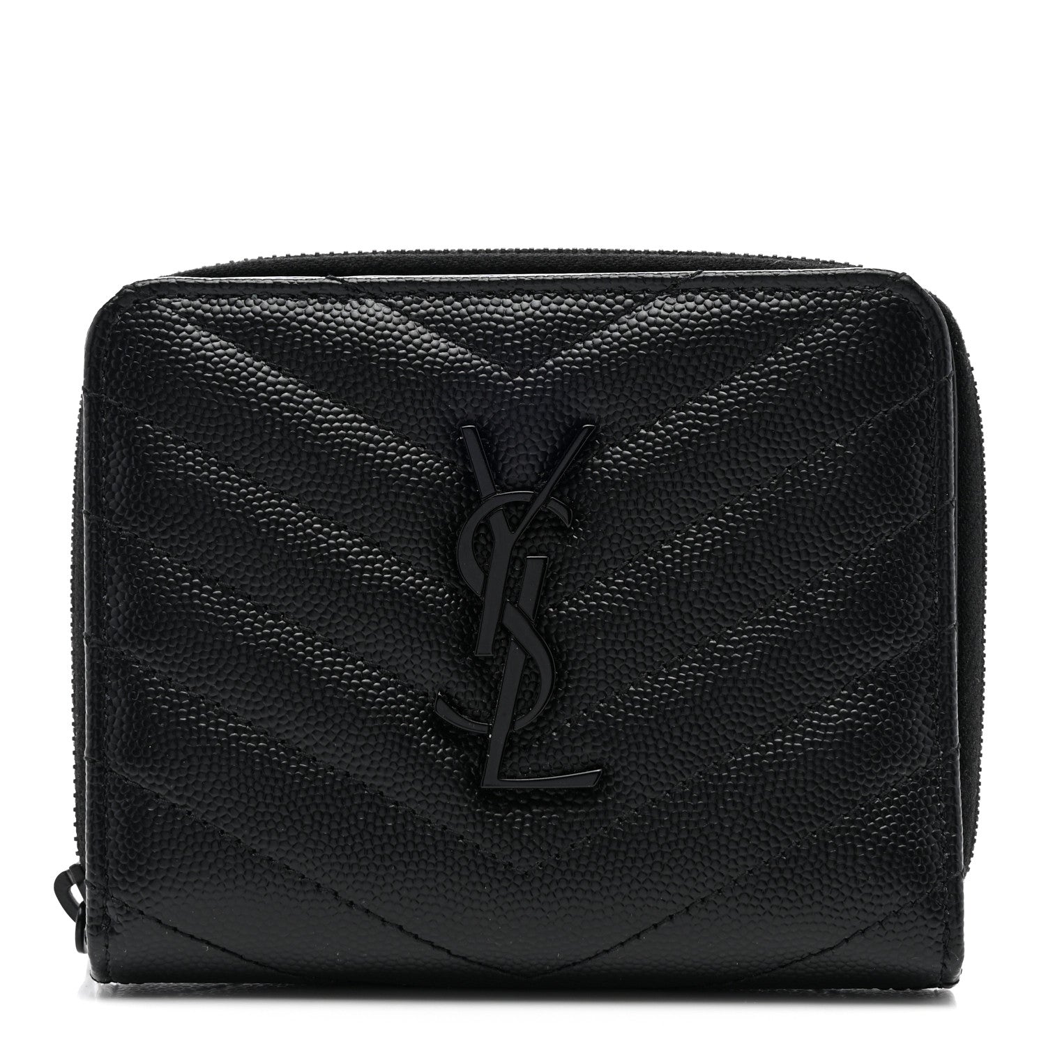 Saint Laurent Grain De Poudre Matelasse Chevron Monogram Monochrome Compact Zip Around Wallet Black 1 of 7