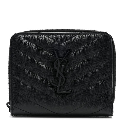Saint Laurent Grain De Poudre Matelasse Chevron Monogram Monochrome Compact Zip Around Wallet Black 1 of 7
