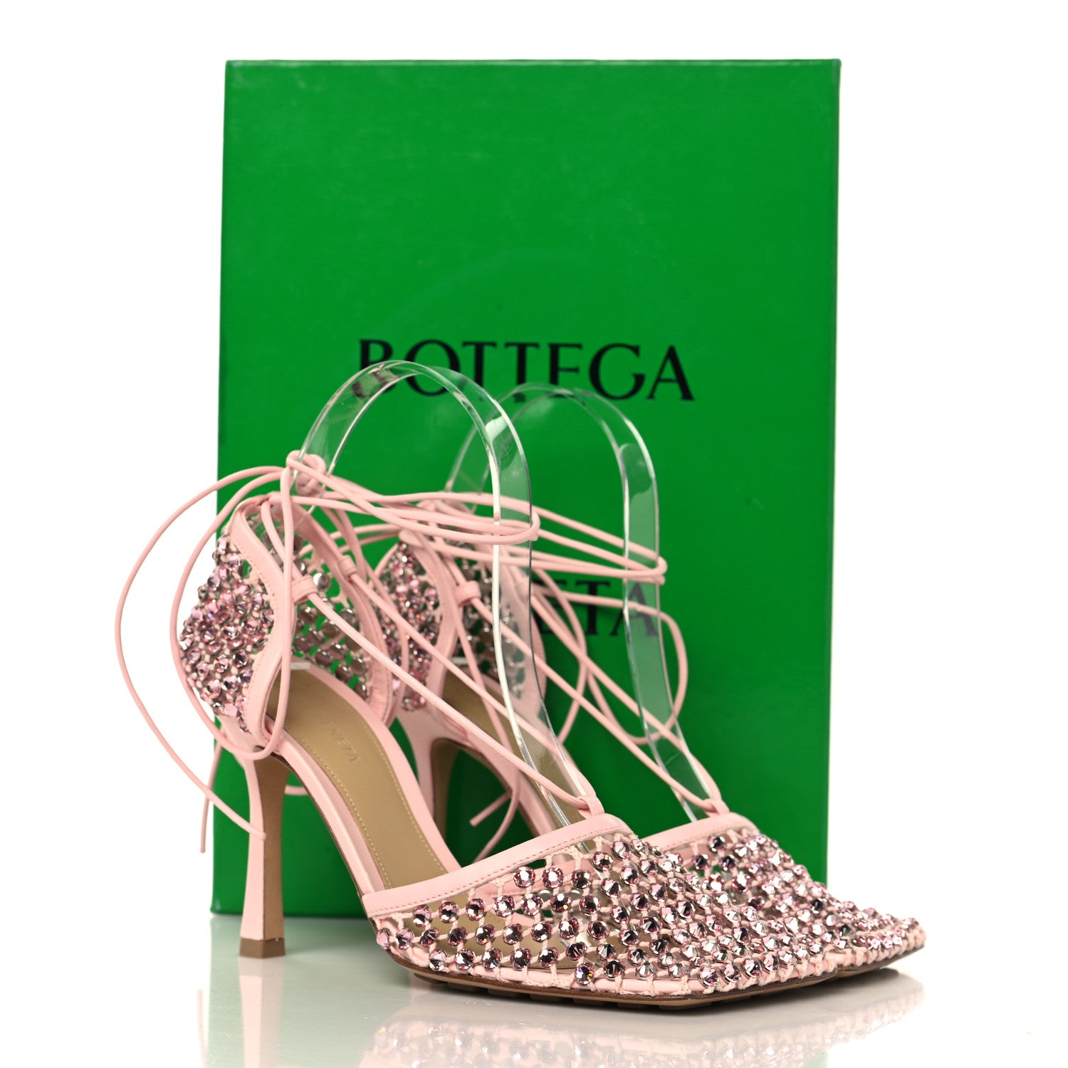 Bottega Veneta Mesh Nappa Crystal Embellished Sparkle Stretch Ankle Tie 90mm Sandals 38 Camellia 9 of 9