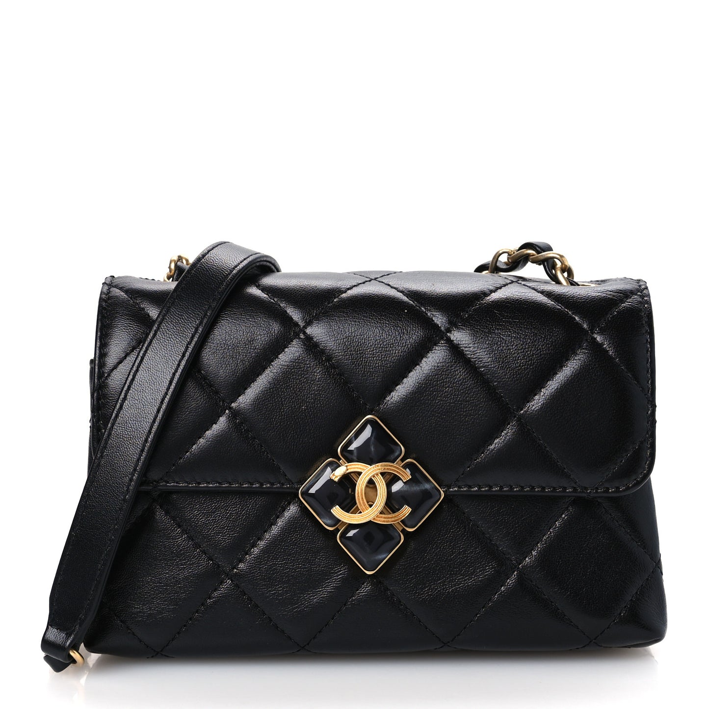 Lambskin Quilted Diamond Lock Flap Black