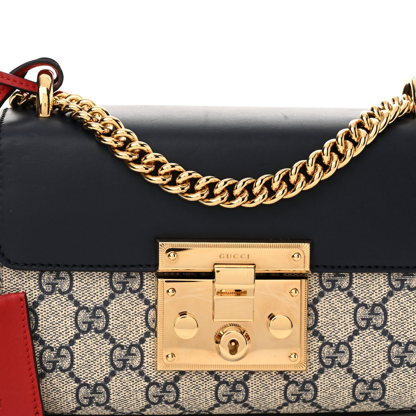 GG Supreme Monogram Moon Calfskin Small Padlock Shoulder Bag Beige Blue Mystic White Hibiscus Red
