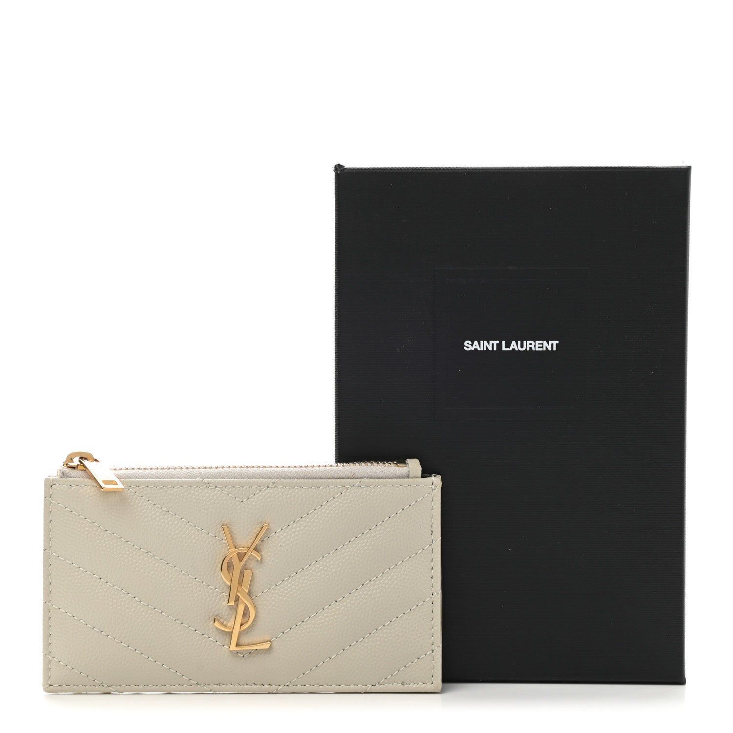 Saint Laurent Grain De Poudre Matelasse Chevron Monogram Fragments Zippered Card Case Crema Soft 7 of 7
