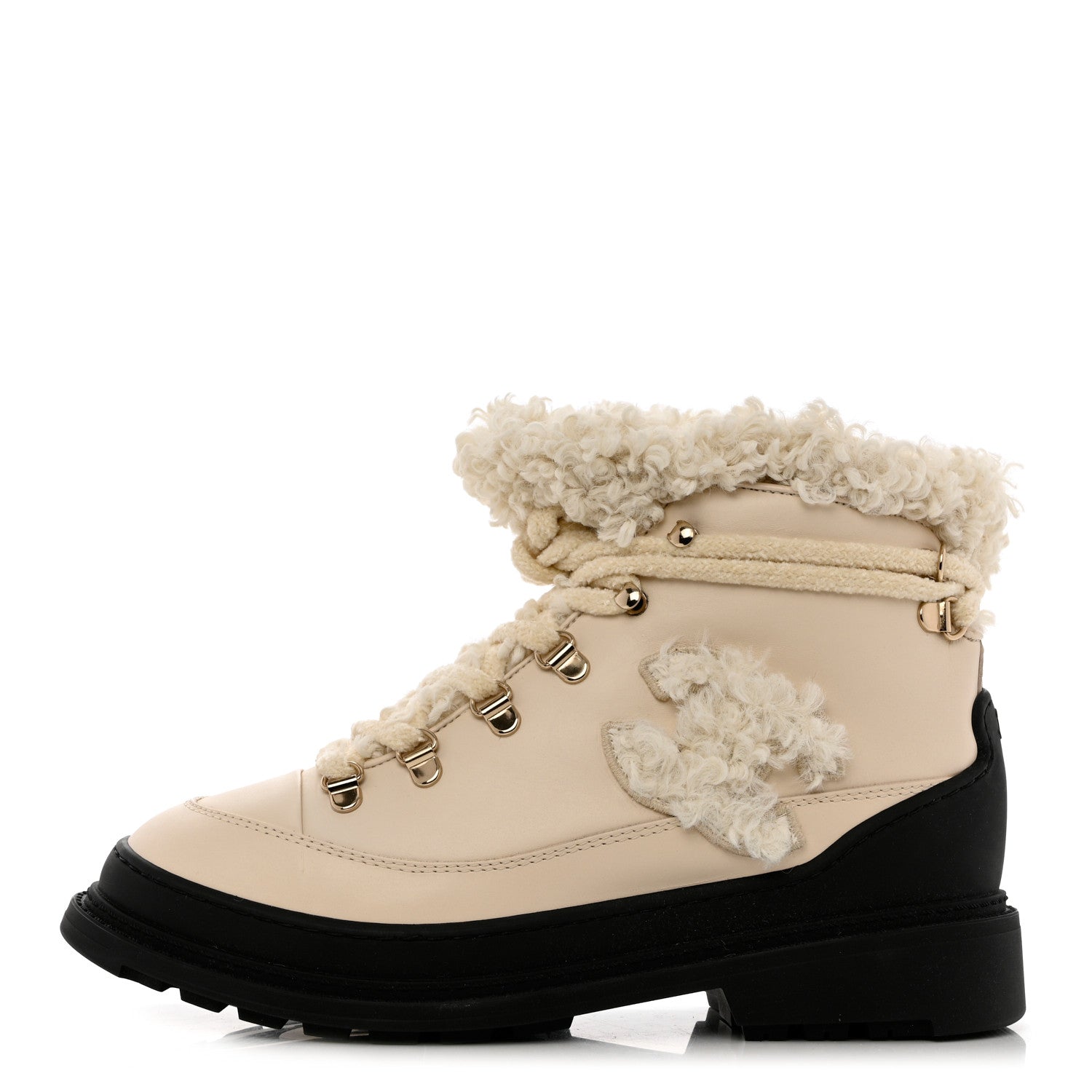 Chanel Calfskin Shearling CC Lace Up Boots 38 Light Beige Ivory 1 of 9