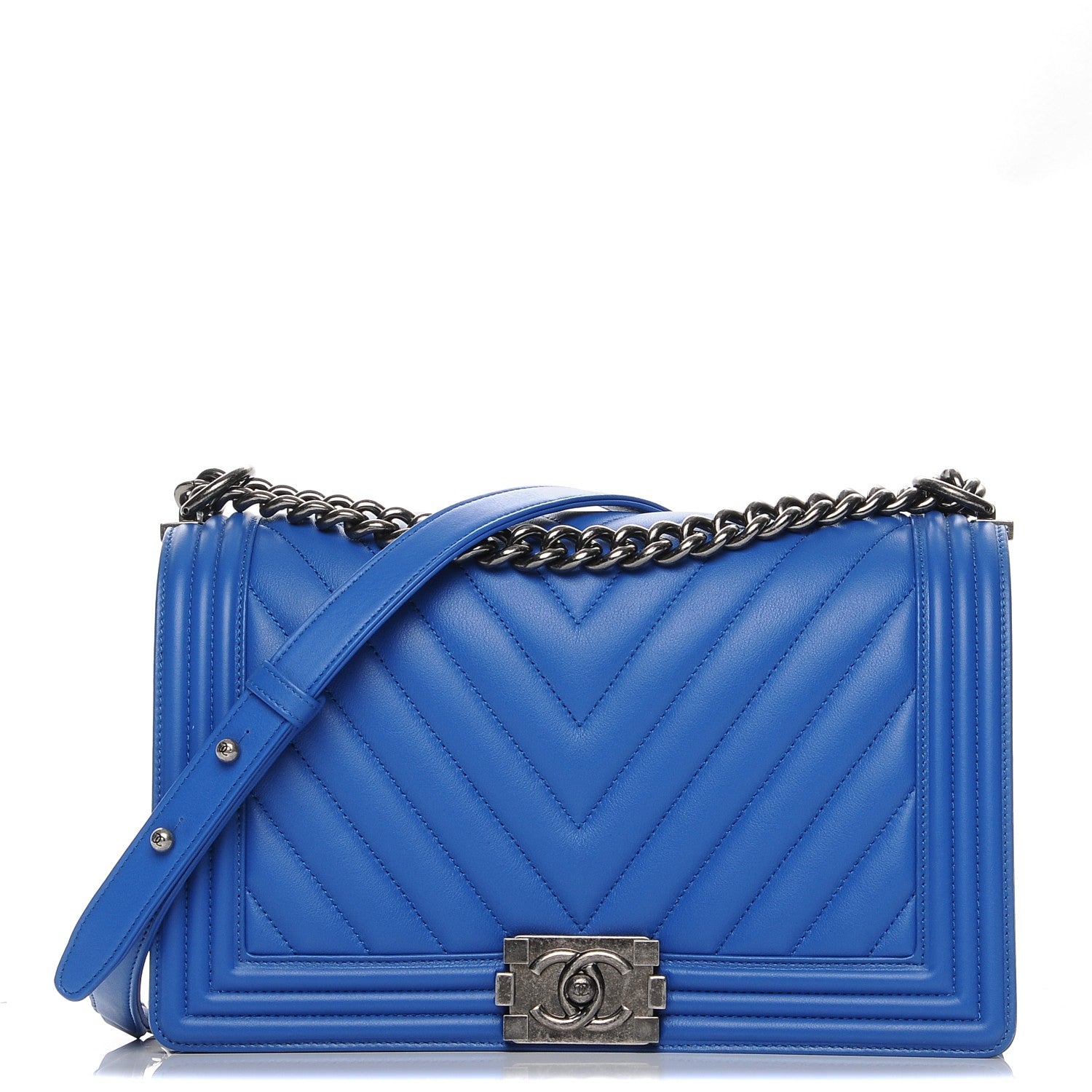 Chanel Calfskin Chevron Quilted New Medium Boy Flap Bright Blue 1 of 8