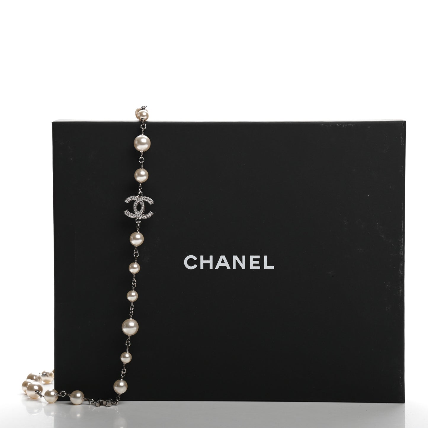 Crystal Pearl CC Long Necklace Silver