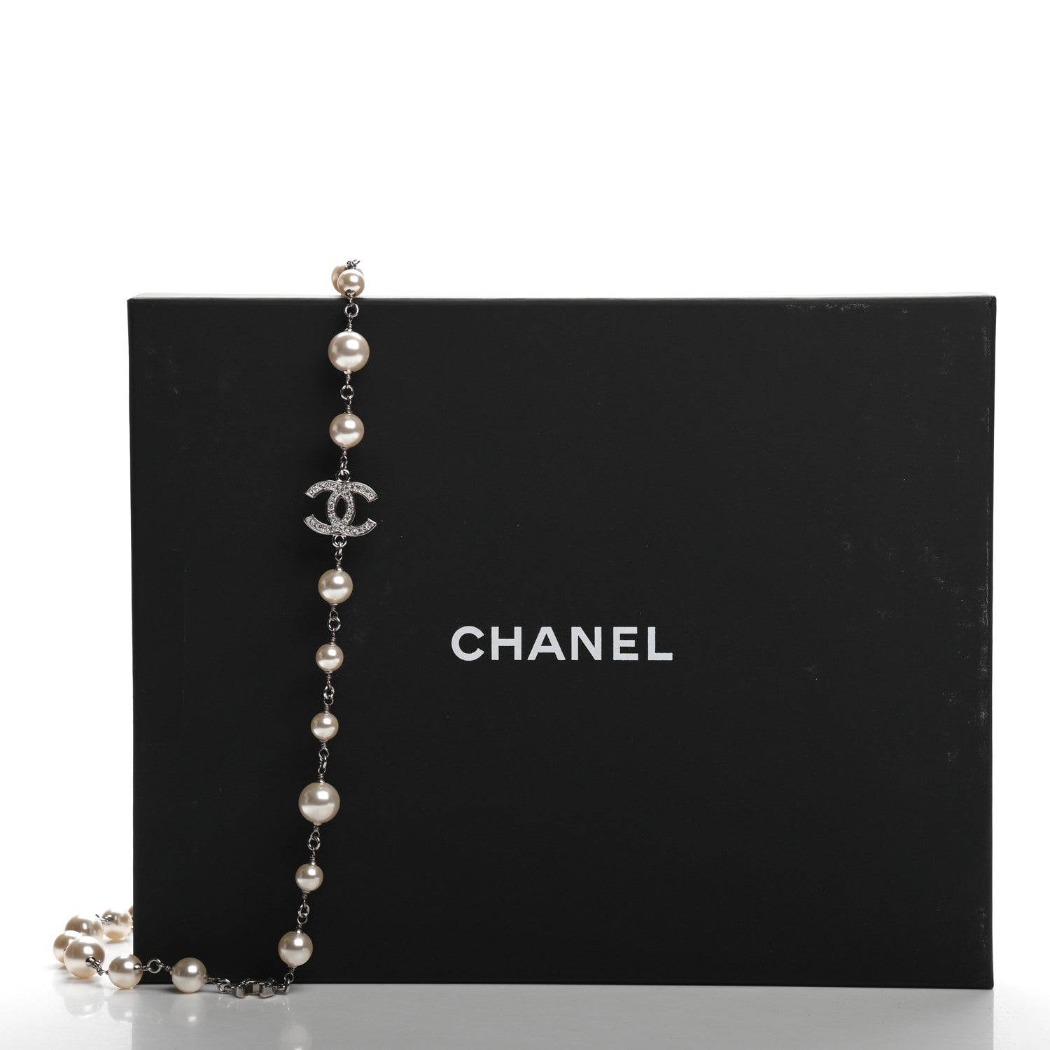 Chanel Crystal Pearl CC Long Necklace Silver 5 of 5