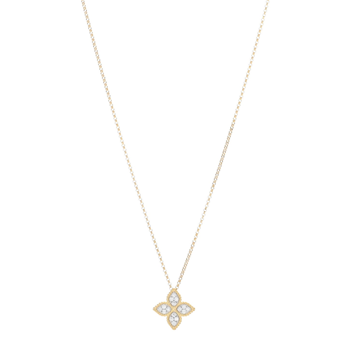 18K Yellow White Gold Diamond Medium Princess Flower Pendant Necklace