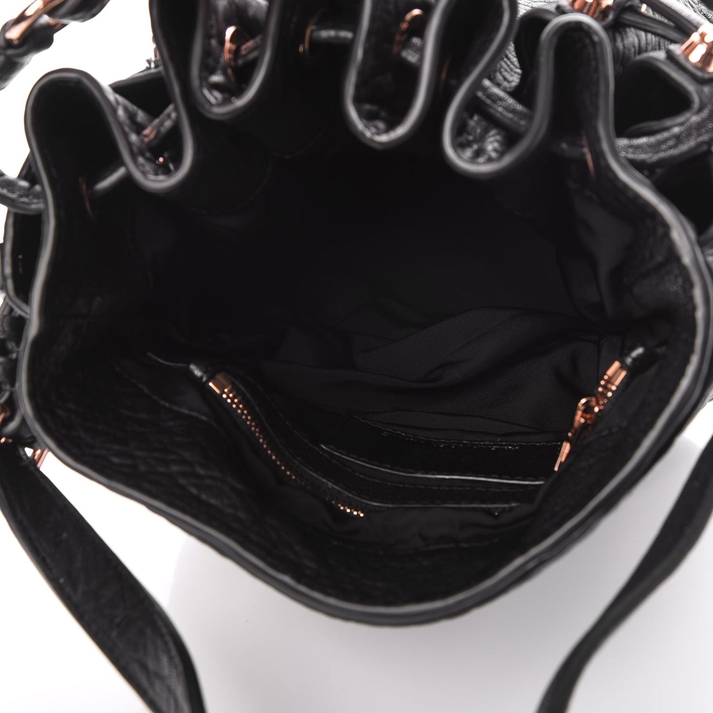 Pebbled Lambskin Diego Bucket Drawstring Bag Black Rose Gold Hardware