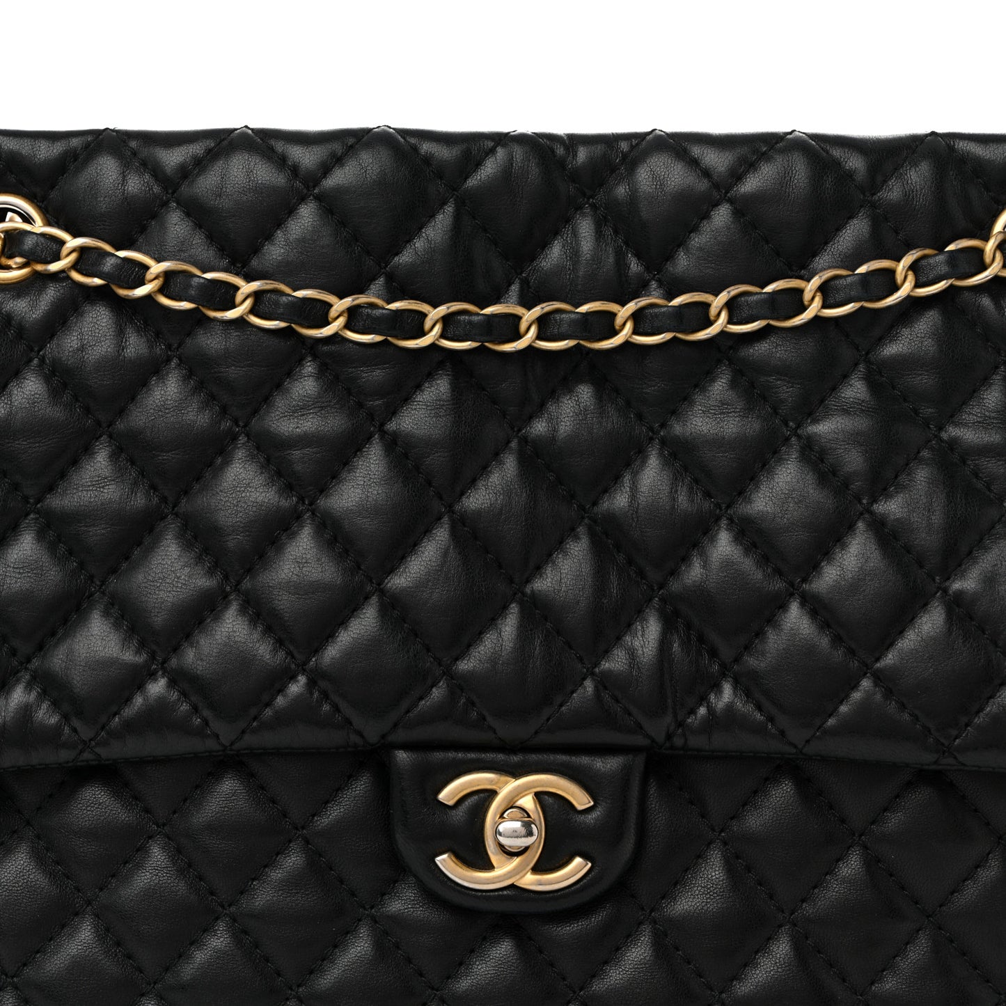 Lambskin Quilted Large Fluffy CC Shopping Tote Black