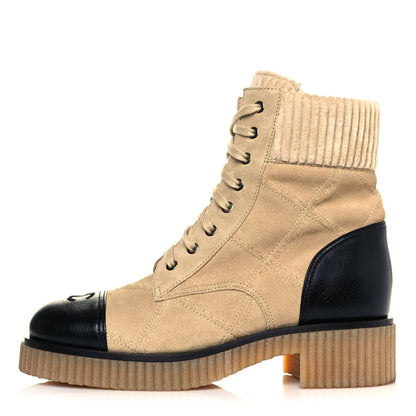 Chanel Suede Calfskin Velvet Quilted CC Combat Boots 40 Beige Black 1 of 8