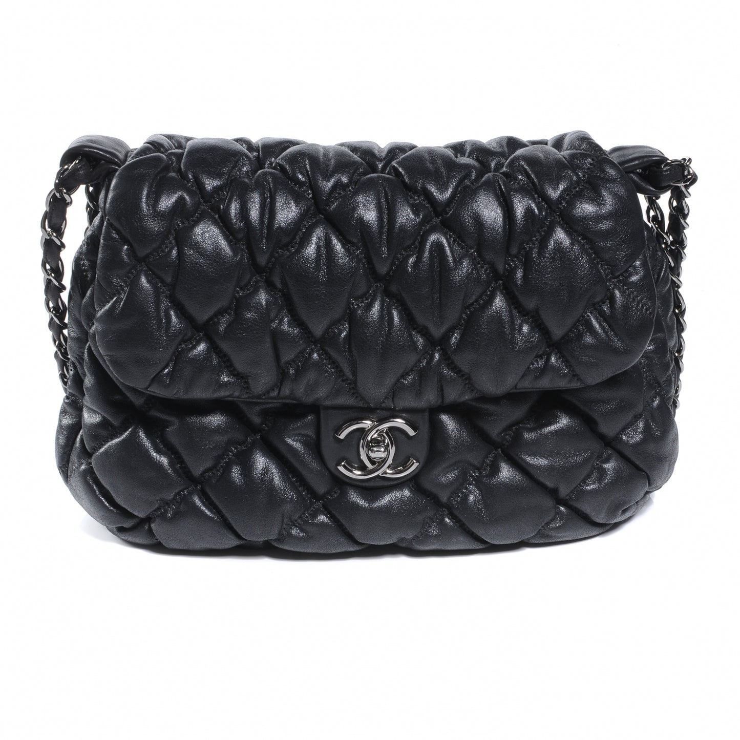 Lambskin Bubble Quilt Flap Bag Black