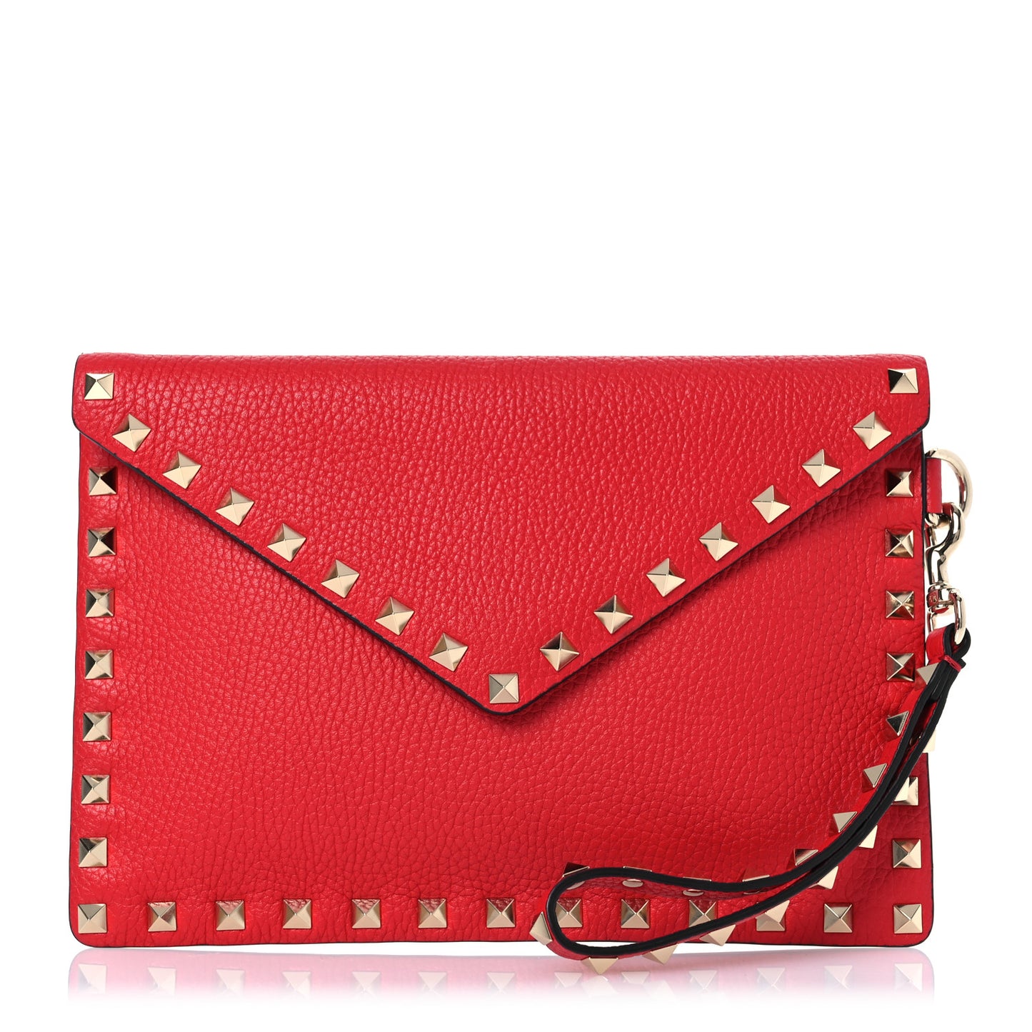 Pebbled Calfskin Medium Rockstud Envelope Flat Wristlet Pouch Rouge Pur