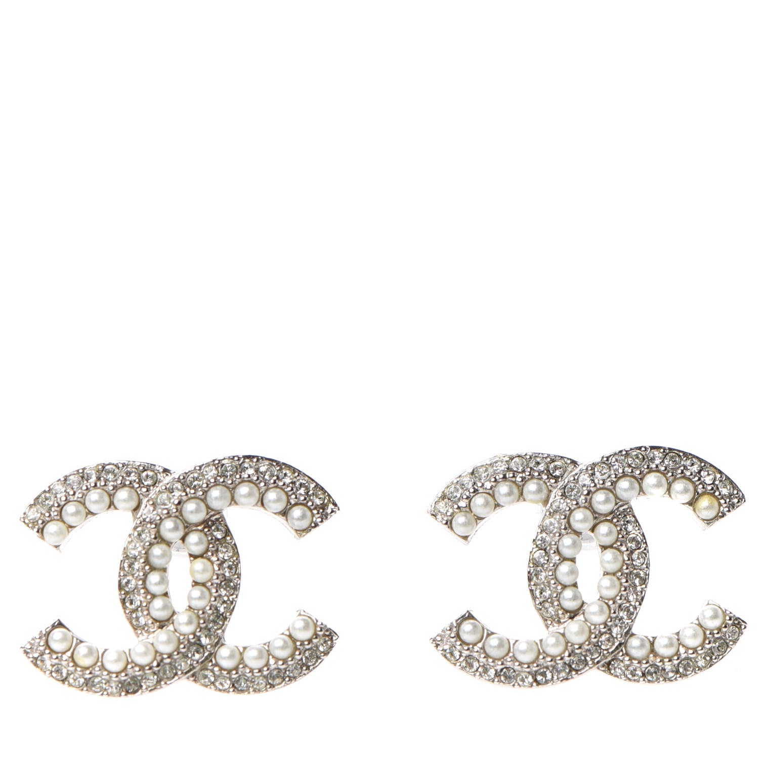 Chanel Pearl Crystal CC Snow Palace Earrings Silver 1 of 5