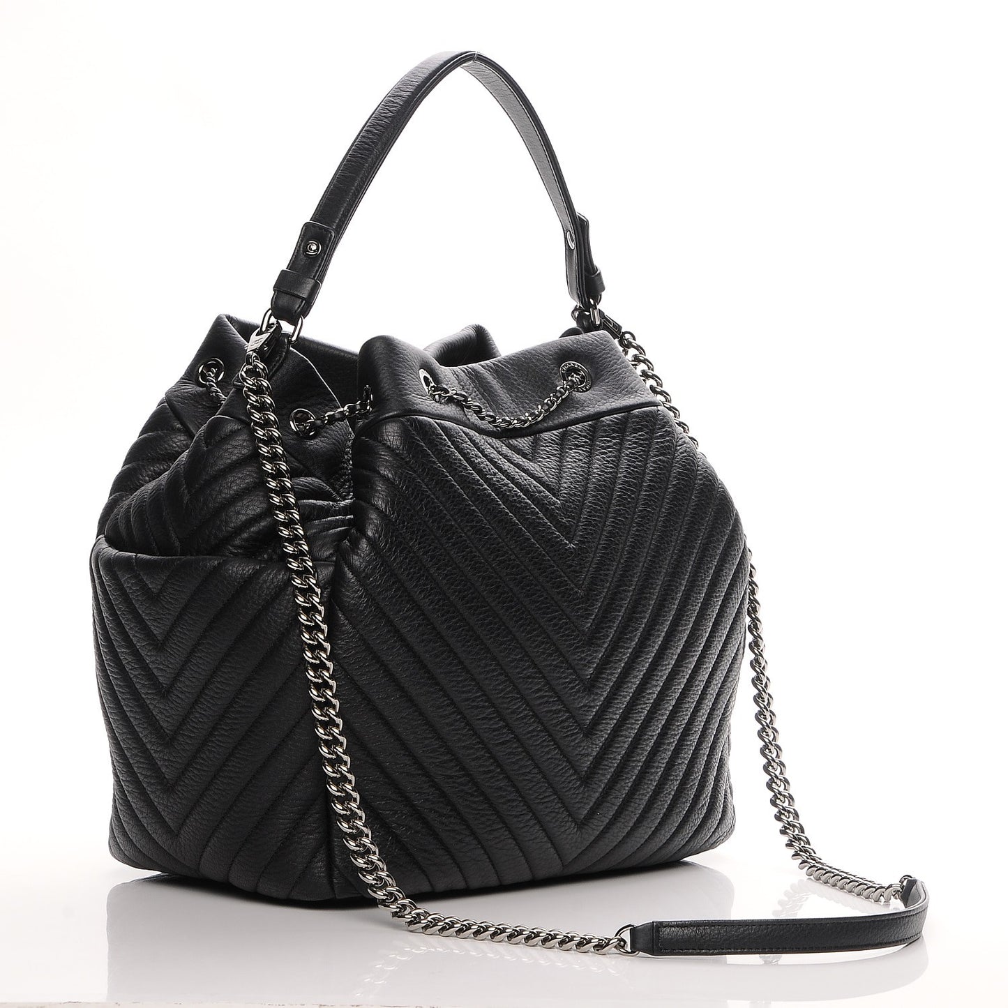 Deerskin Chevron Large CC Chain Bucket Drawstring Bag Black