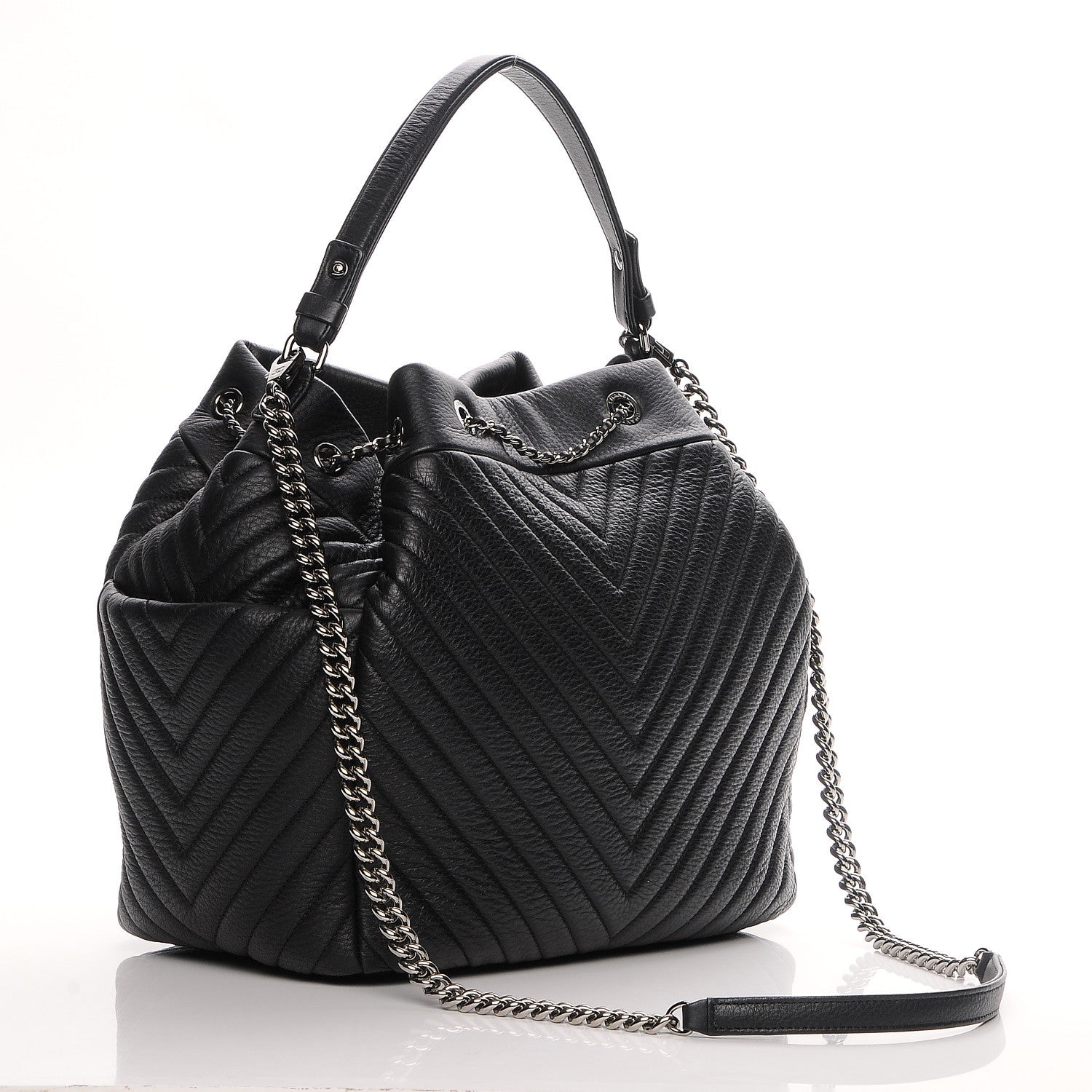 Chanel Deerskin Chevron Large CC Chain Bucket Drawstring Bag Black 4 of 7
