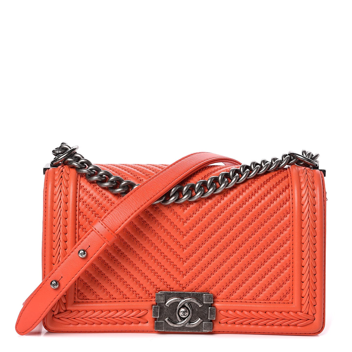 Calfskin Chevron Quilted Medium Braided Boy Flap Orange