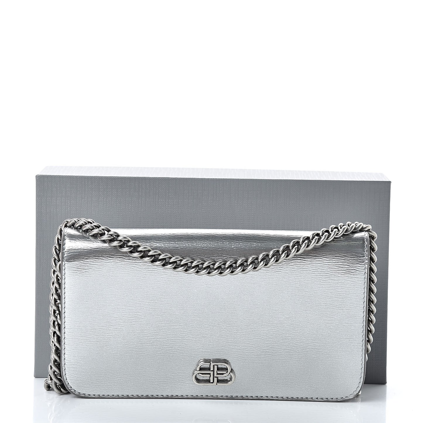 Metallic Grained Calfskin BB Phone Holder Wallet On Chain Silver