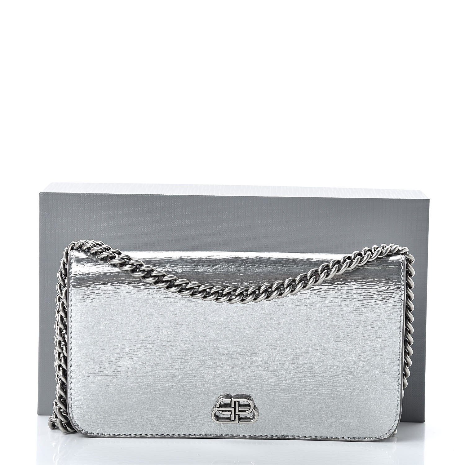 Balenciaga Metallic Grained Calfskin BB Phone Holder Wallet On Chain Silver 20 of 20