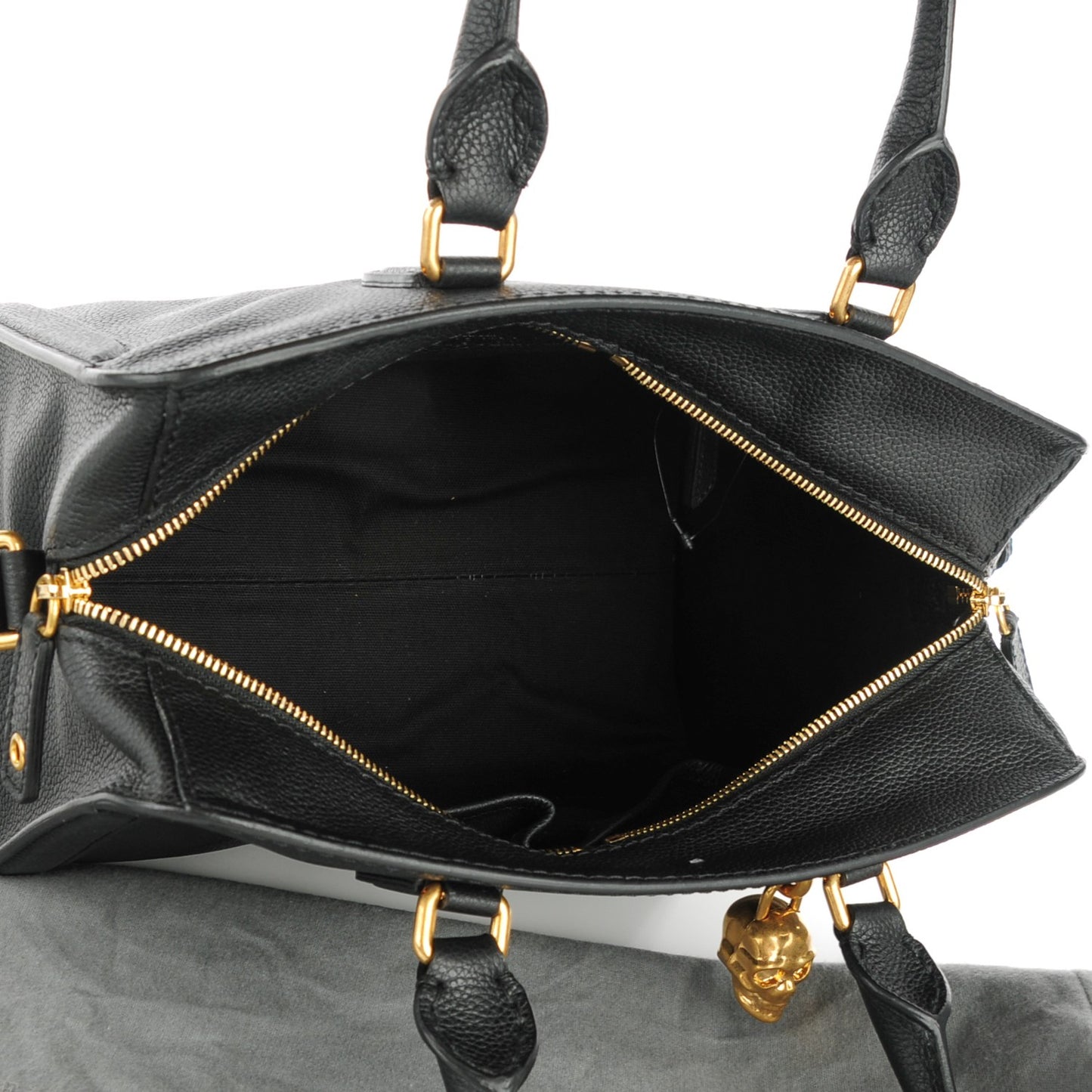 Grainy Calfskin Small Skull Padlock Zip Around Tote Black