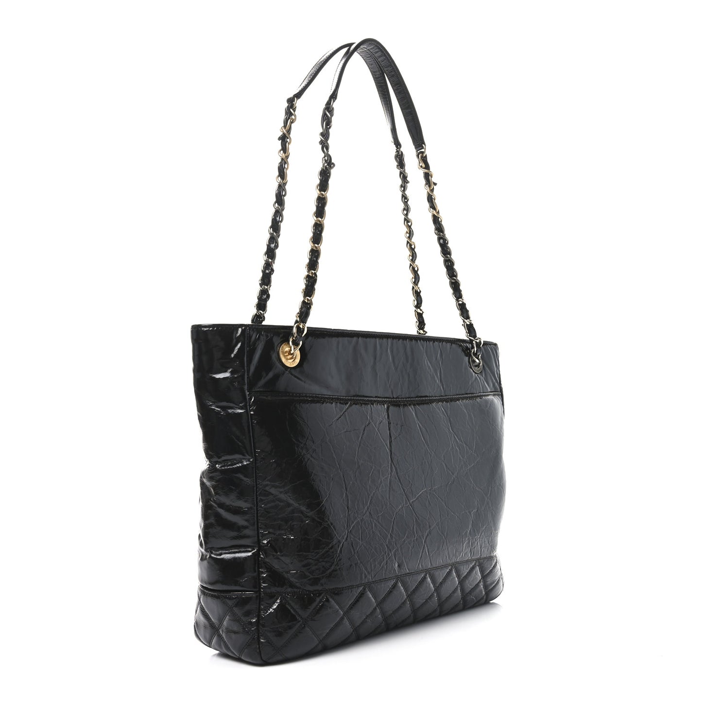 Shiny Aged Calfskin Quilted Large Shopping Bag Black
