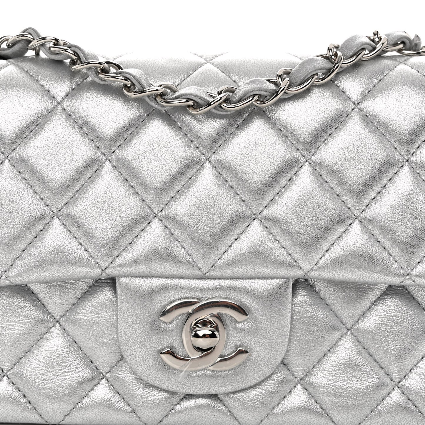 Metallic Lambskin Quilted Mini Rectangular Flap Silver