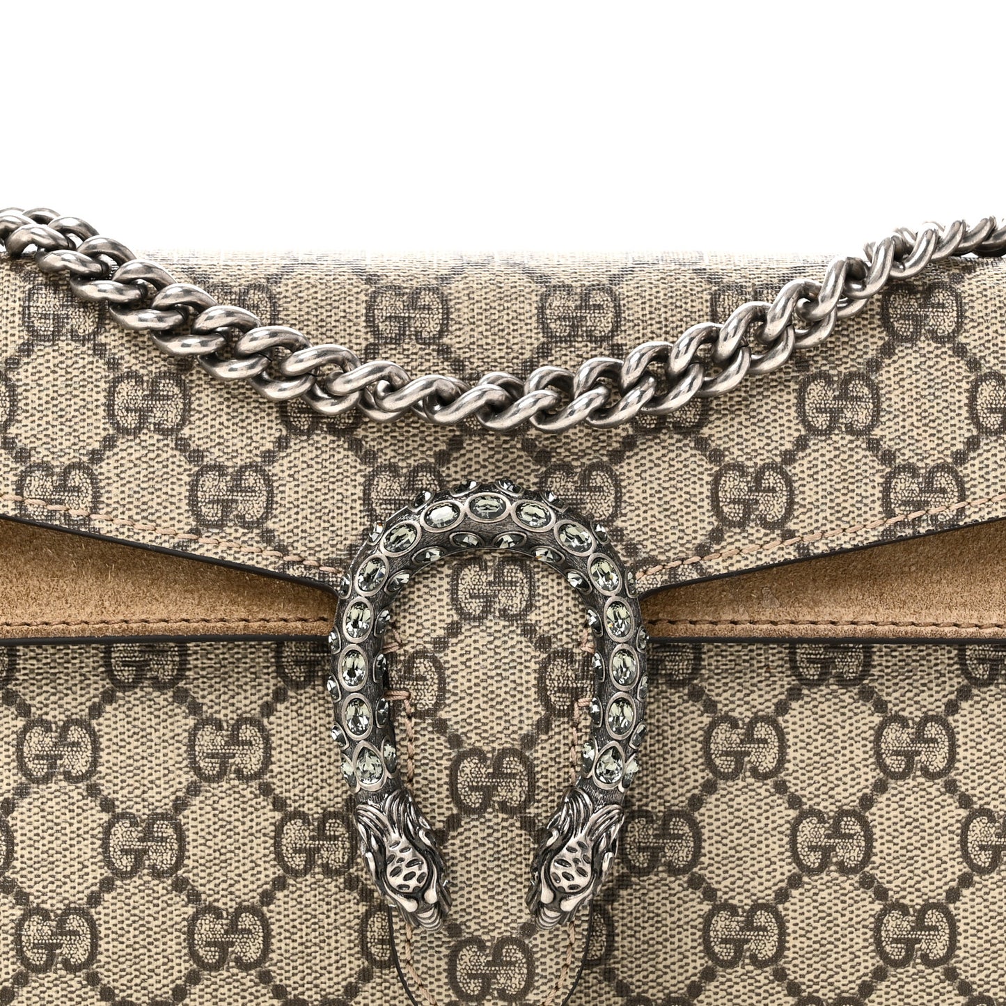 GG Supreme Monogram Suede Crystal Small Dionysus Shoulder Bag Beige Ebony Taupe