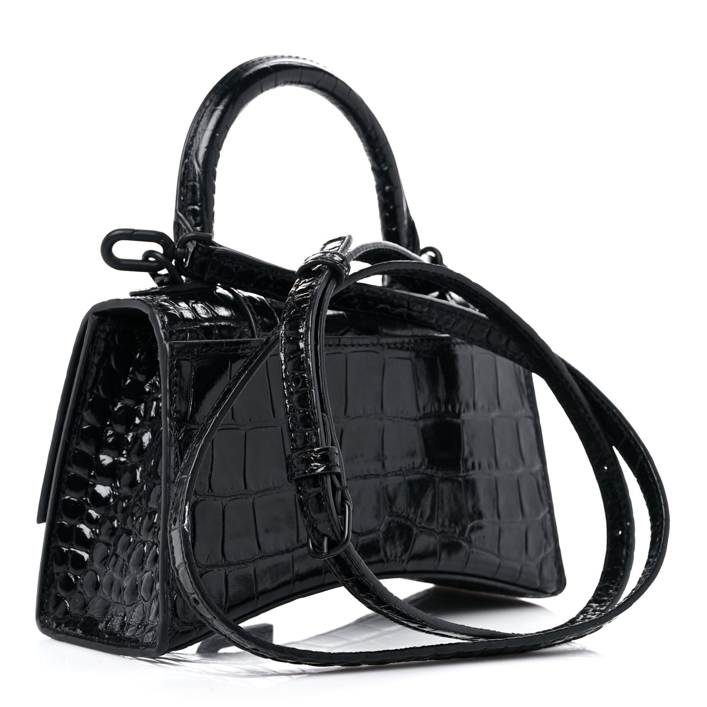 Shiny Calfskin Monochrome Crocodile Embossed Hourglass Top Handle Bag XS Black