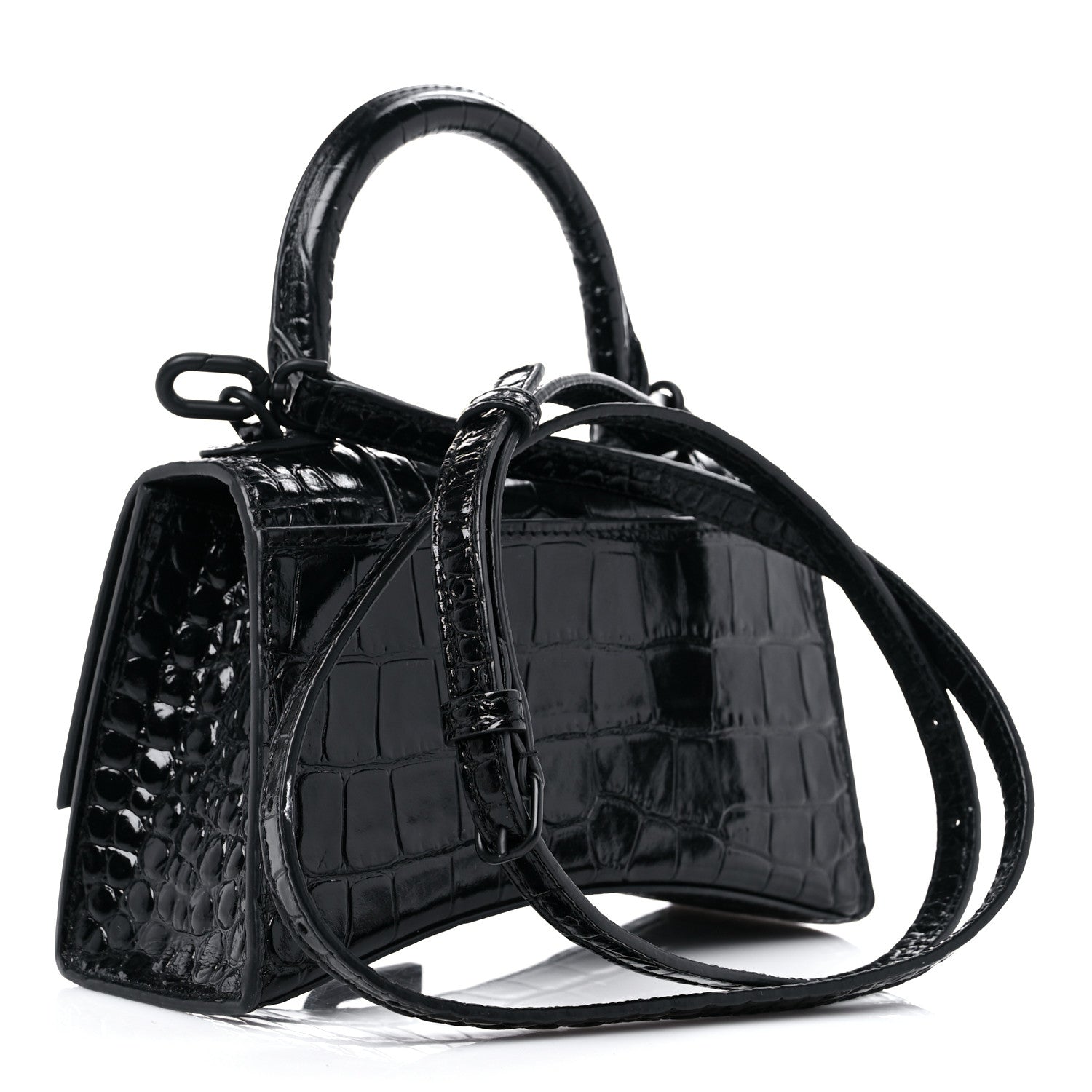 Balenciaga Shiny Calfskin Monochrome Crocodile Embossed Hourglass Top Handle Bag XS Black 2 of 11