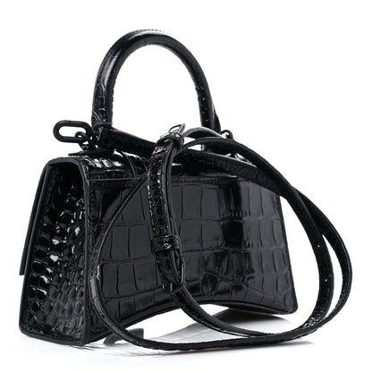 Balenciaga Shiny Calfskin Monochrome Crocodile Embossed Hourglass Top Handle Bag XS Black 2 of 11