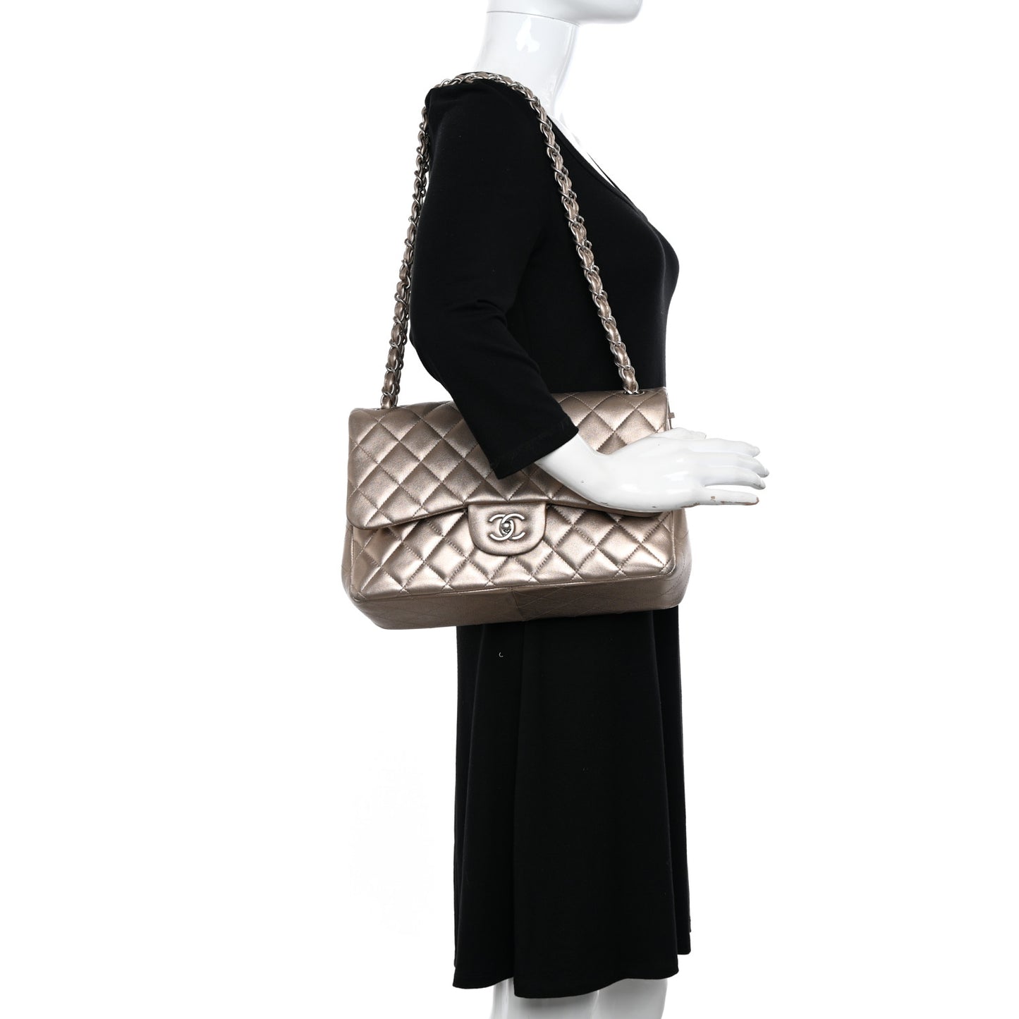 Metallic Lambskin Quilted Jumbo Double Flap Gold