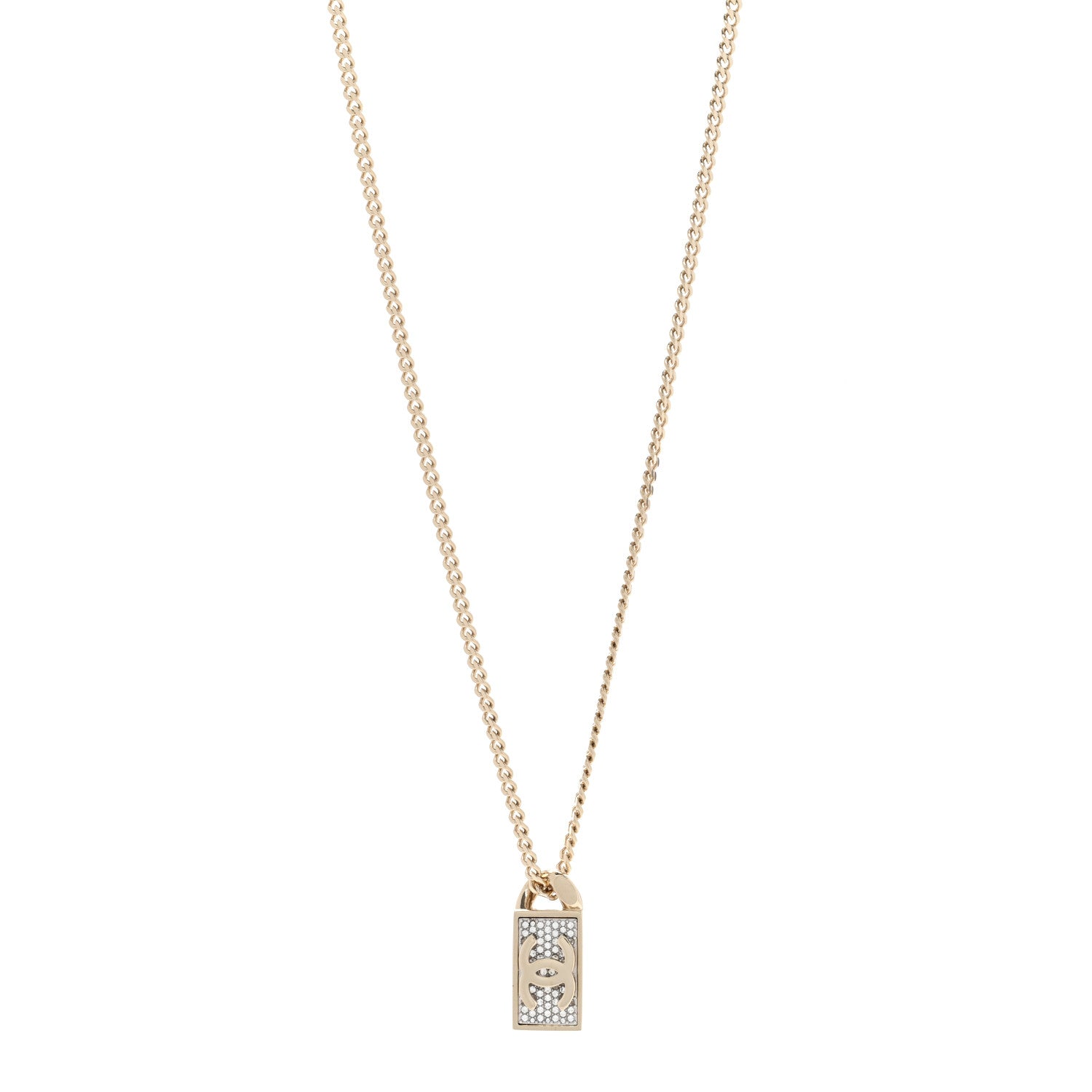 Chanel Crystal Dog Tag Chain Necklace Gold 1 of 7