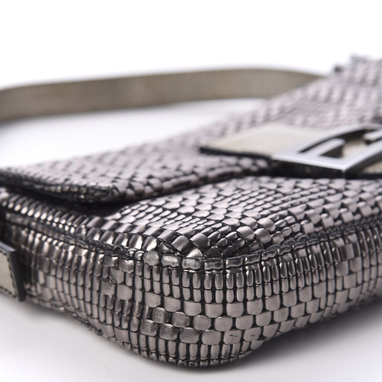 Metallic Lambskin Woven Baguette Light Grey