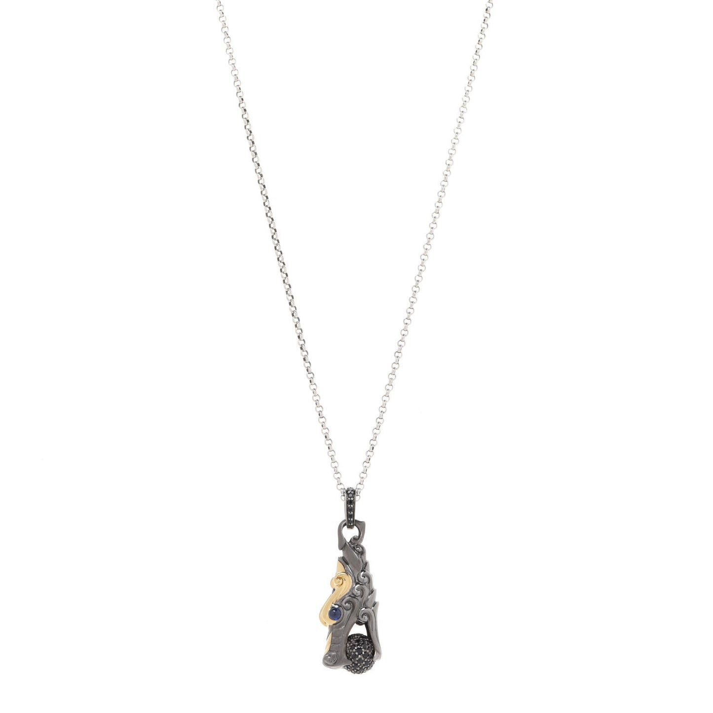 Sterling Silver 18K Yellow Gold Black Sapphire Legends Naga Dragon Head Necklace