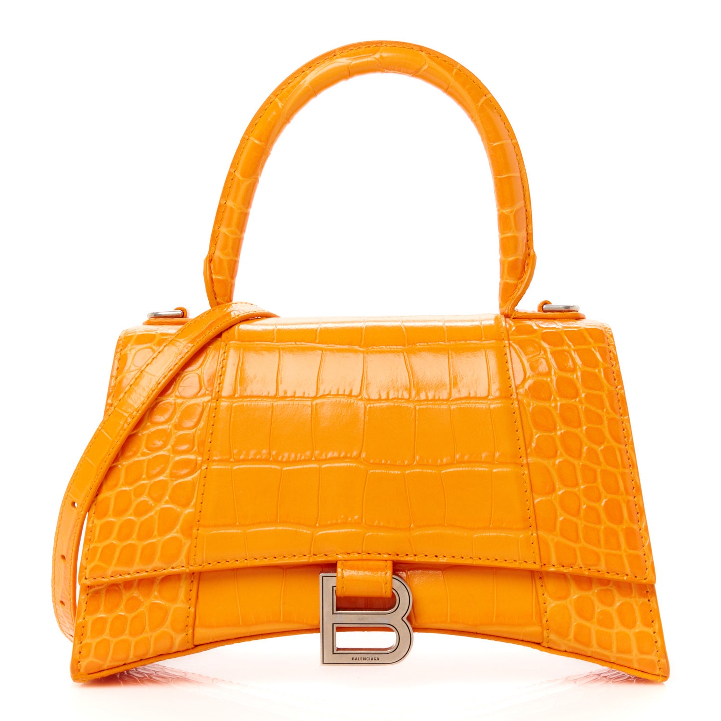 Shiny Calfskin Crocodile Embossed Small Hourglass Top Handle Bag Pop Orange