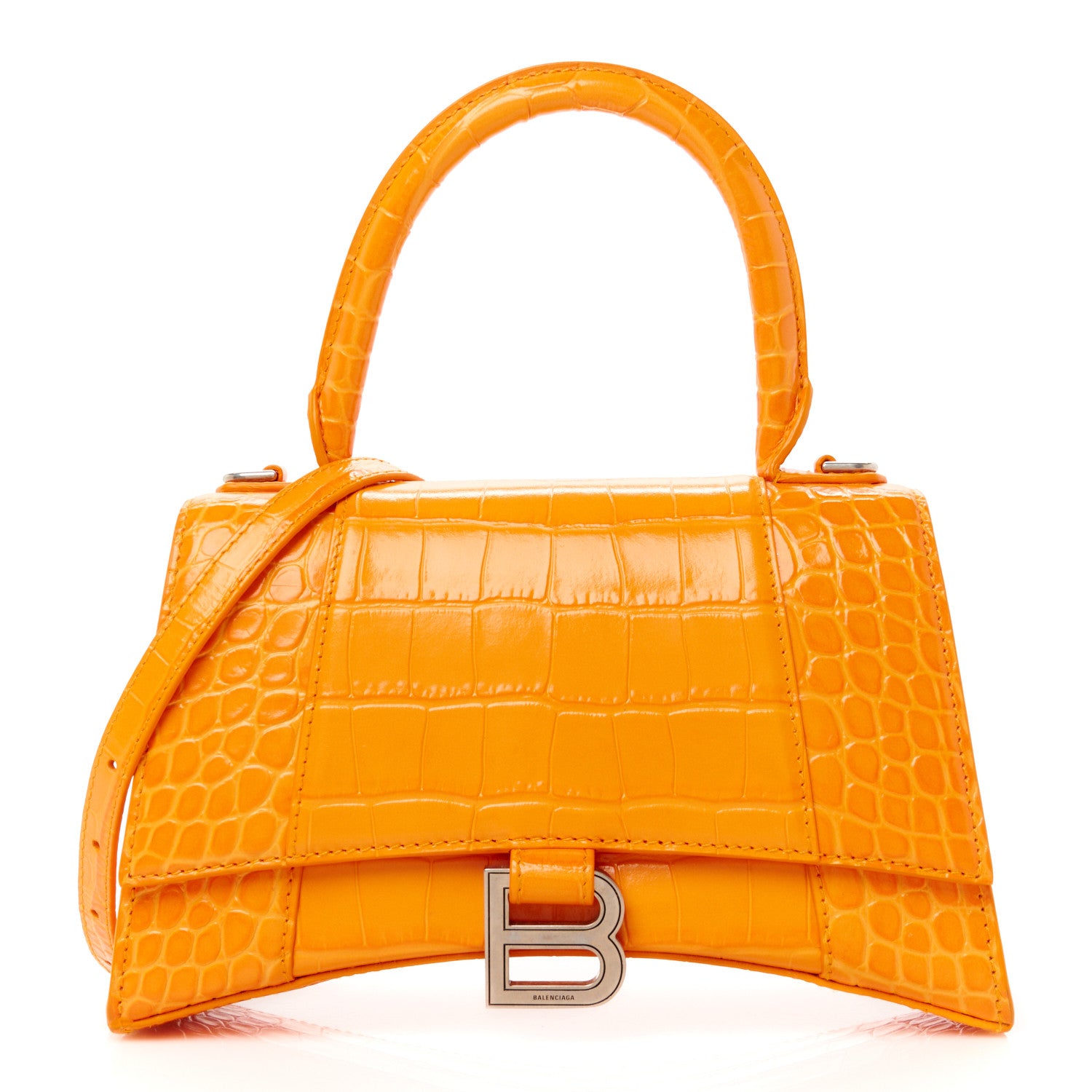 Balenciaga Shiny Calfskin Crocodile Embossed Small Hourglass Top Handle Bag Pop Orange 1 of 12