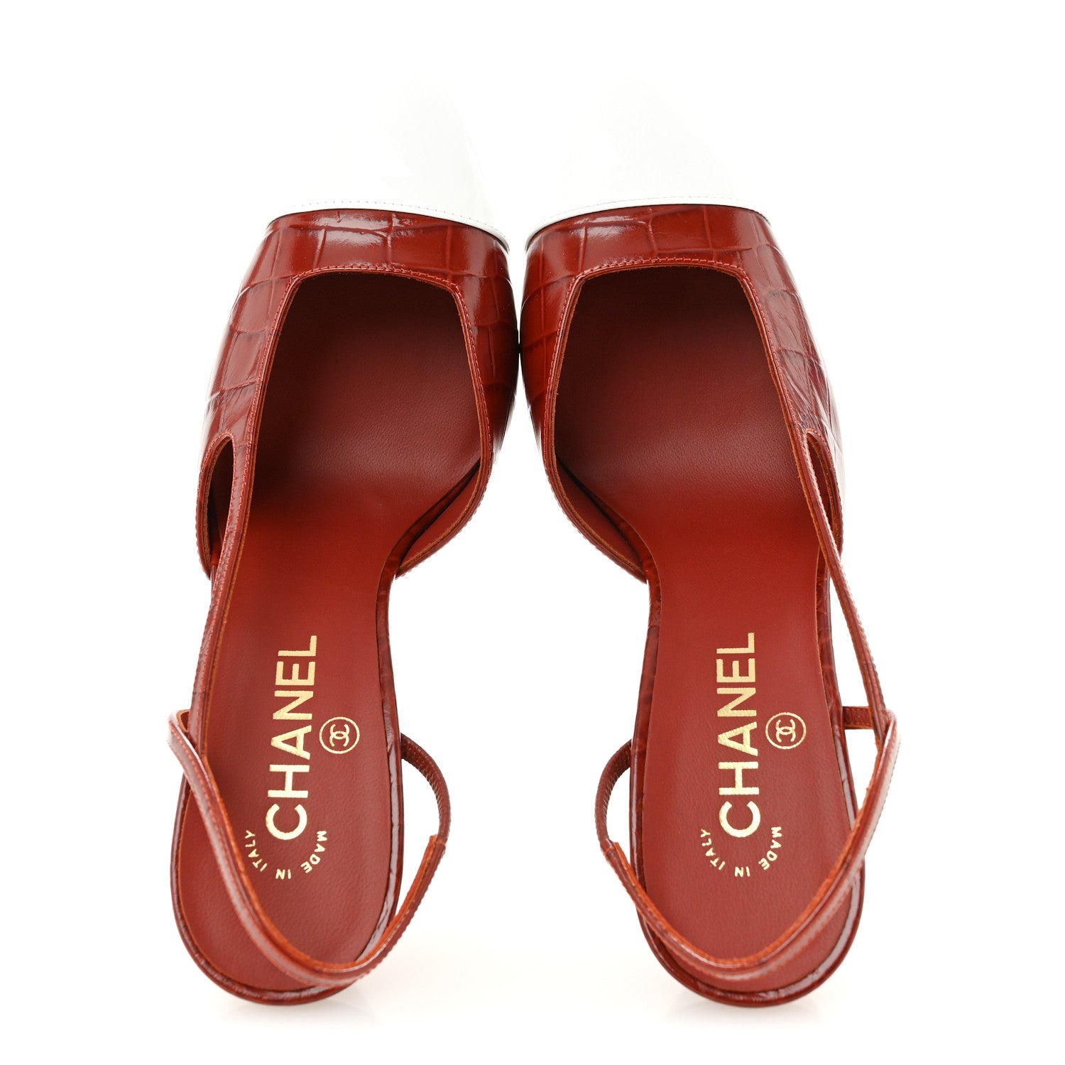 Chanel Calfskin Crocodile Embossed Patent Cap Toe Slingback Pumps 39 Dark Red White 2 of 10