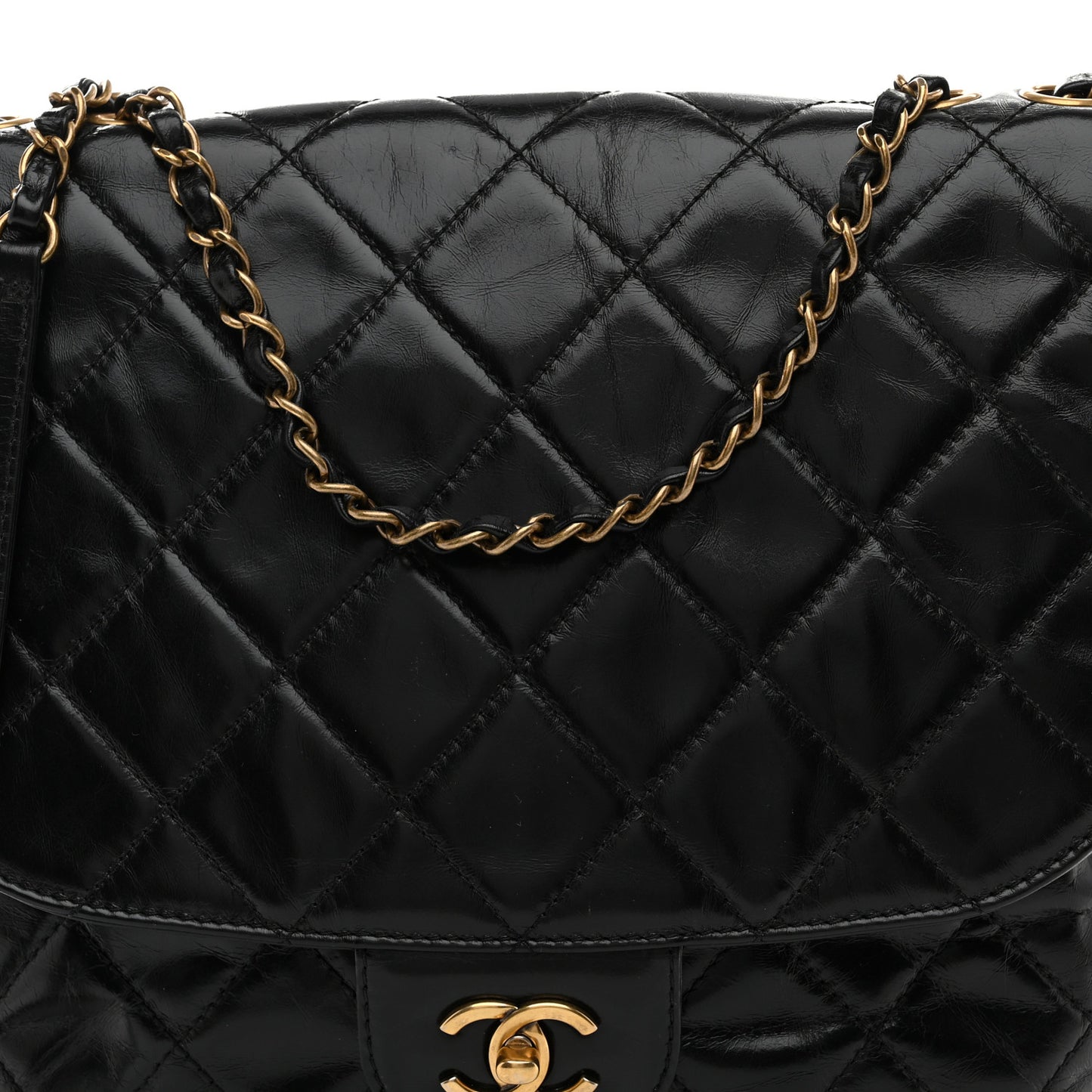 Glazed Calfskin Quilted Medium Bubble CC Flap Black