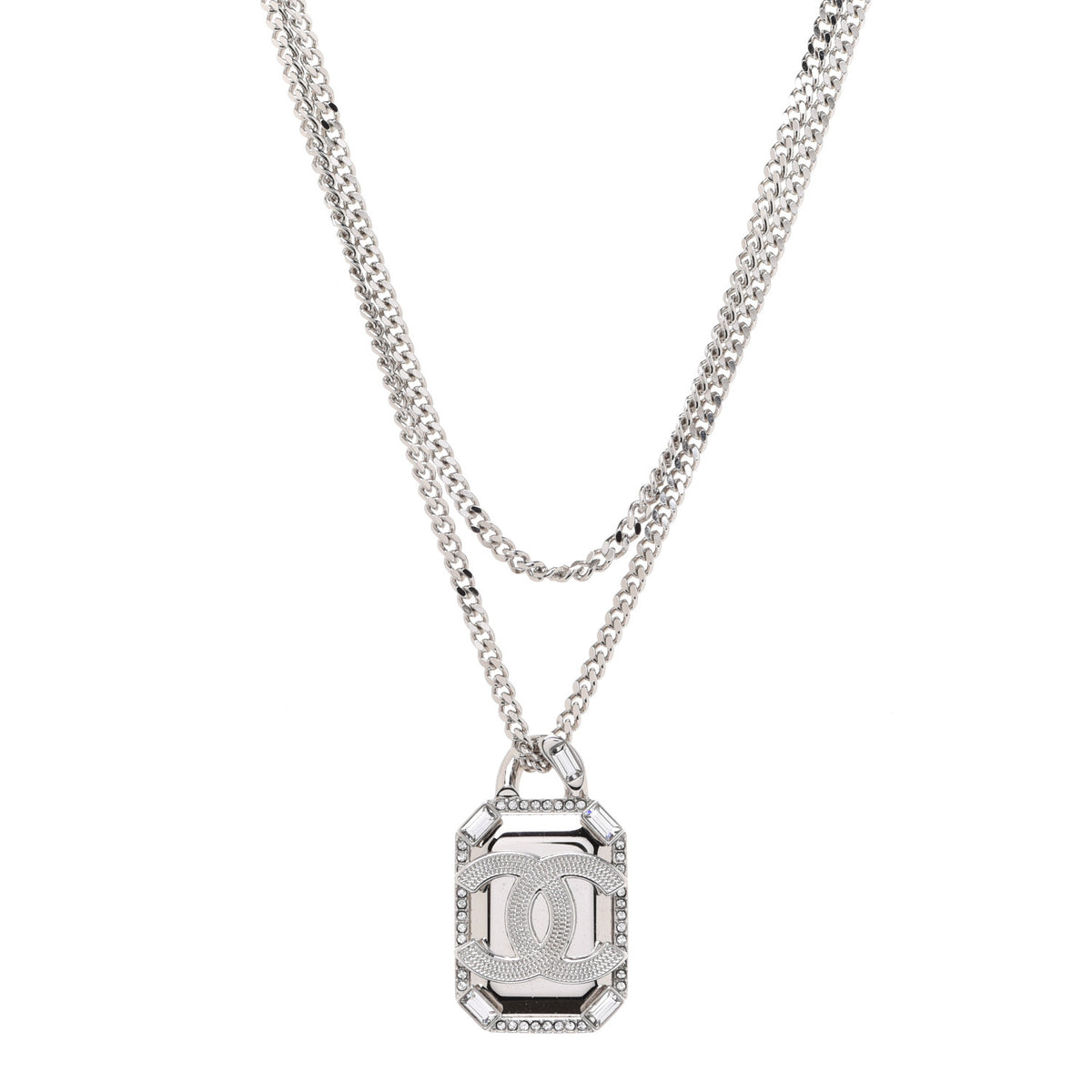 Crystal Baguette CC Mirror Pendant Necklace Silver