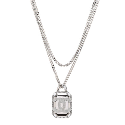 Chanel Crystal Baguette CC Mirror Pendant Necklace Silver 1 of 6