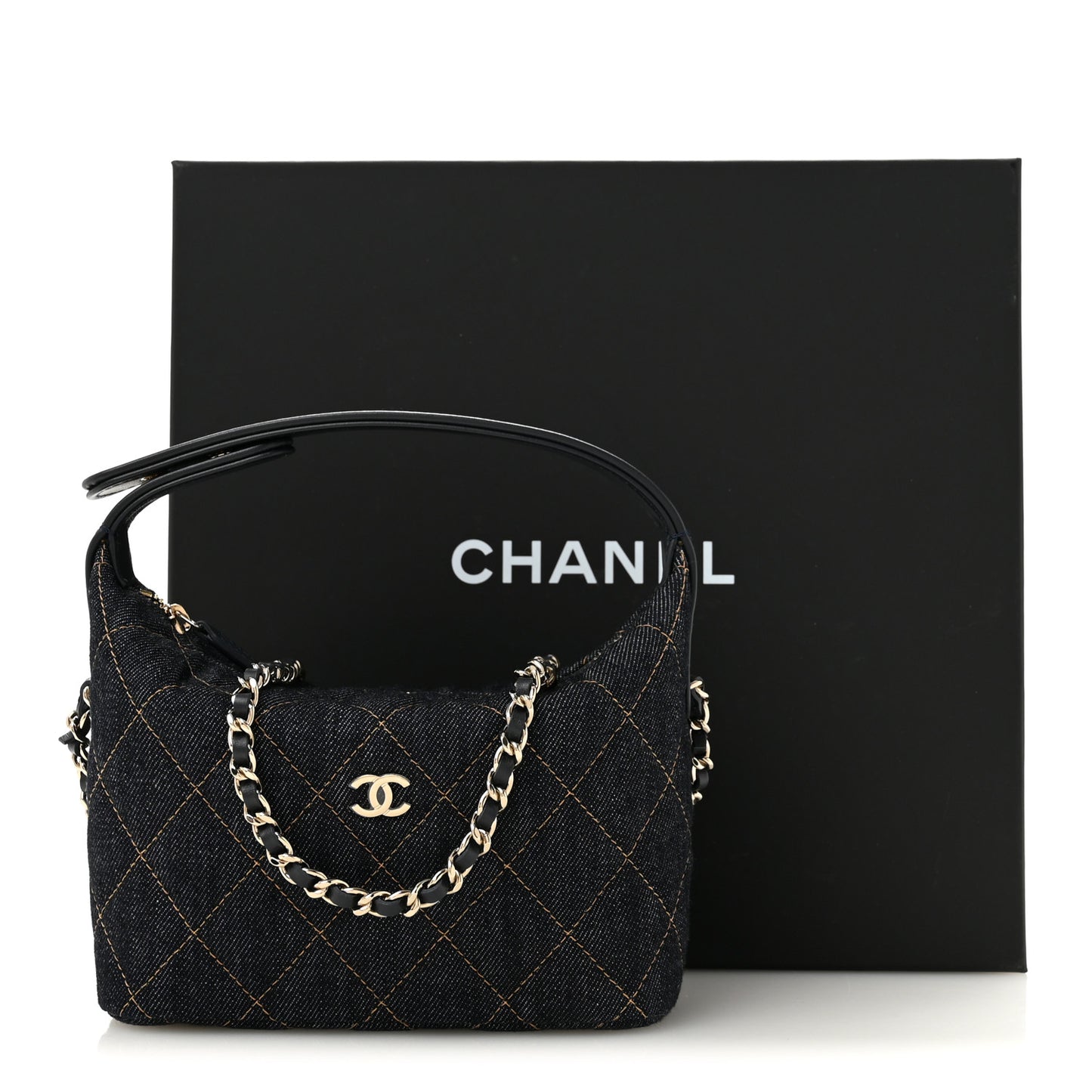Denim Quilted Hobo Clutch With Chain Dark Blue Orange