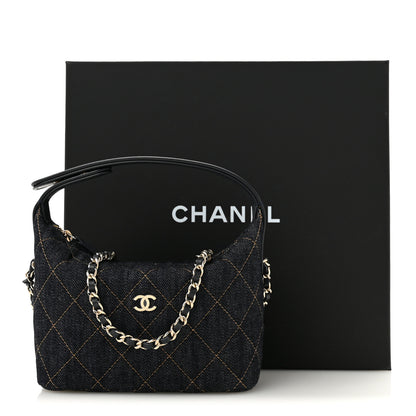Chanel Denim Quilted Hobo Clutch With Chain Dark Blue Orange 10 of 10