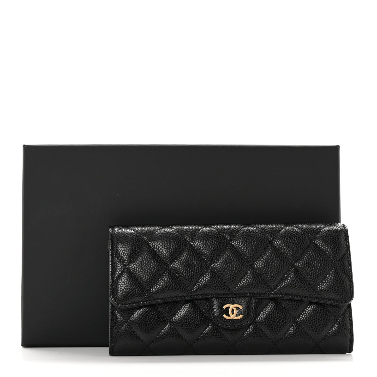 Caviar Quilted Large Gusset Flap Wallet Black