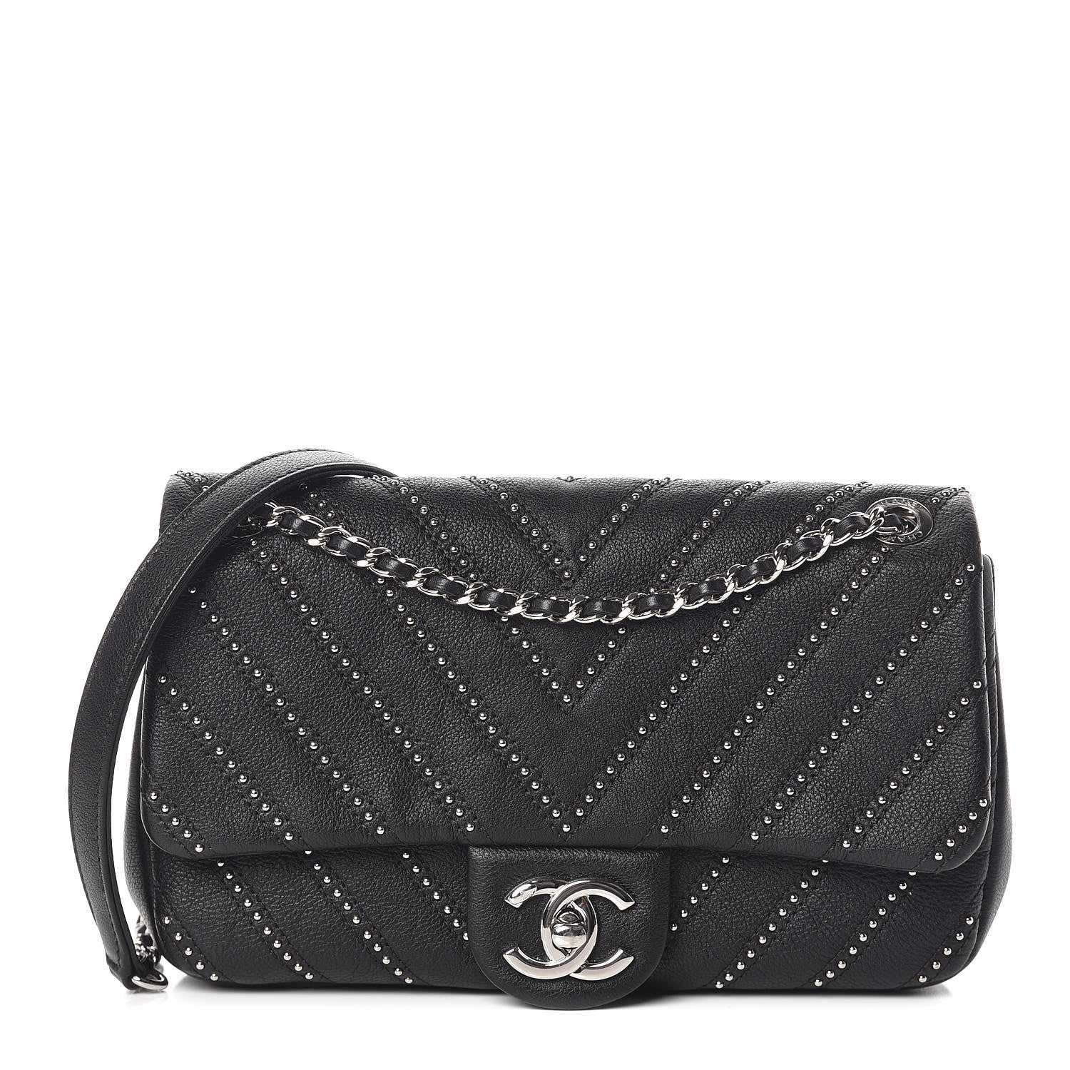 Chanel Calfskin Studded Chevron Quilted Small Wars Flap Black 1 of 11