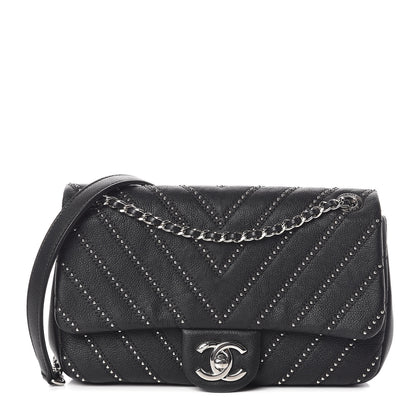Chanel Calfskin Studded Chevron Quilted Small Wars Flap Black 1 of 11