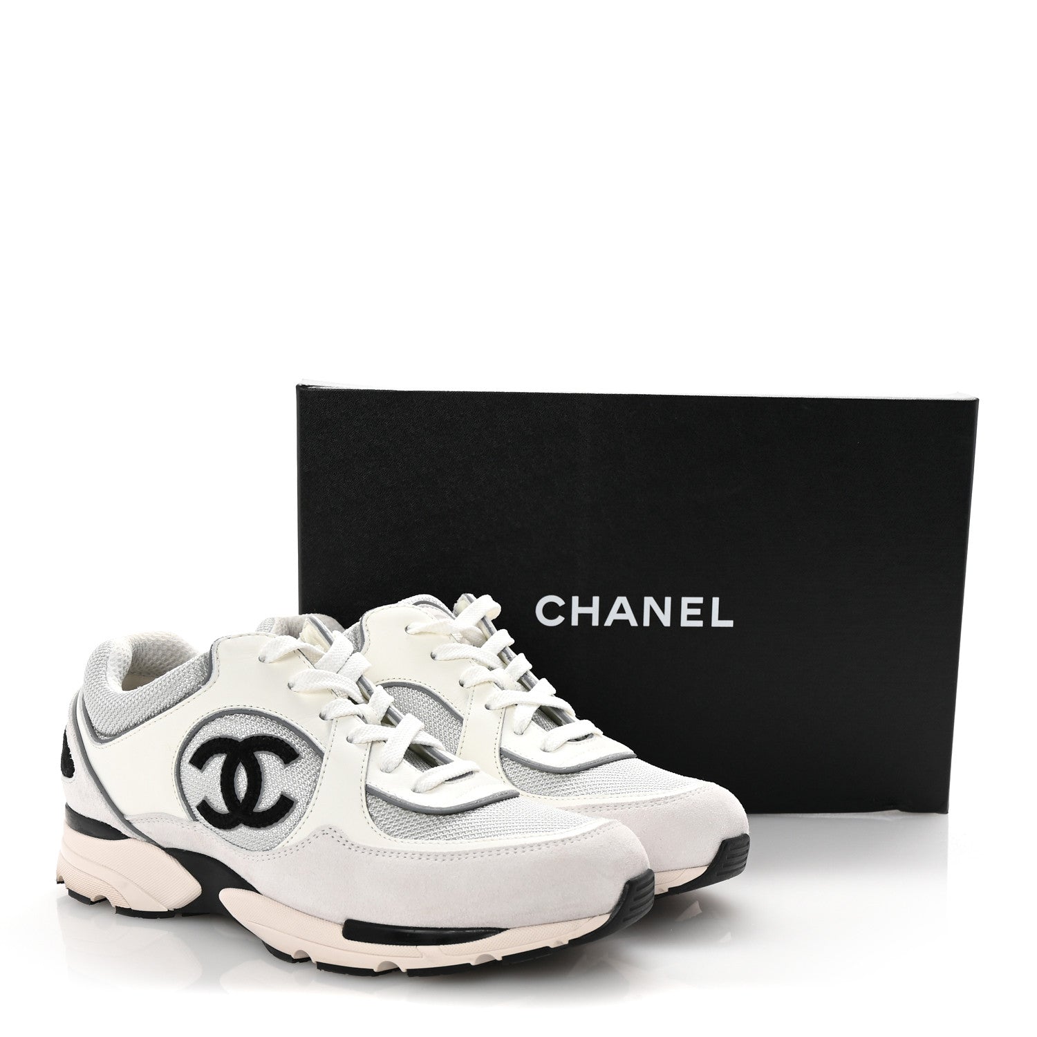 Chanel Calfskin Fabric Womens CC Sneakers 40 White Silver Light Grey 19 of 20