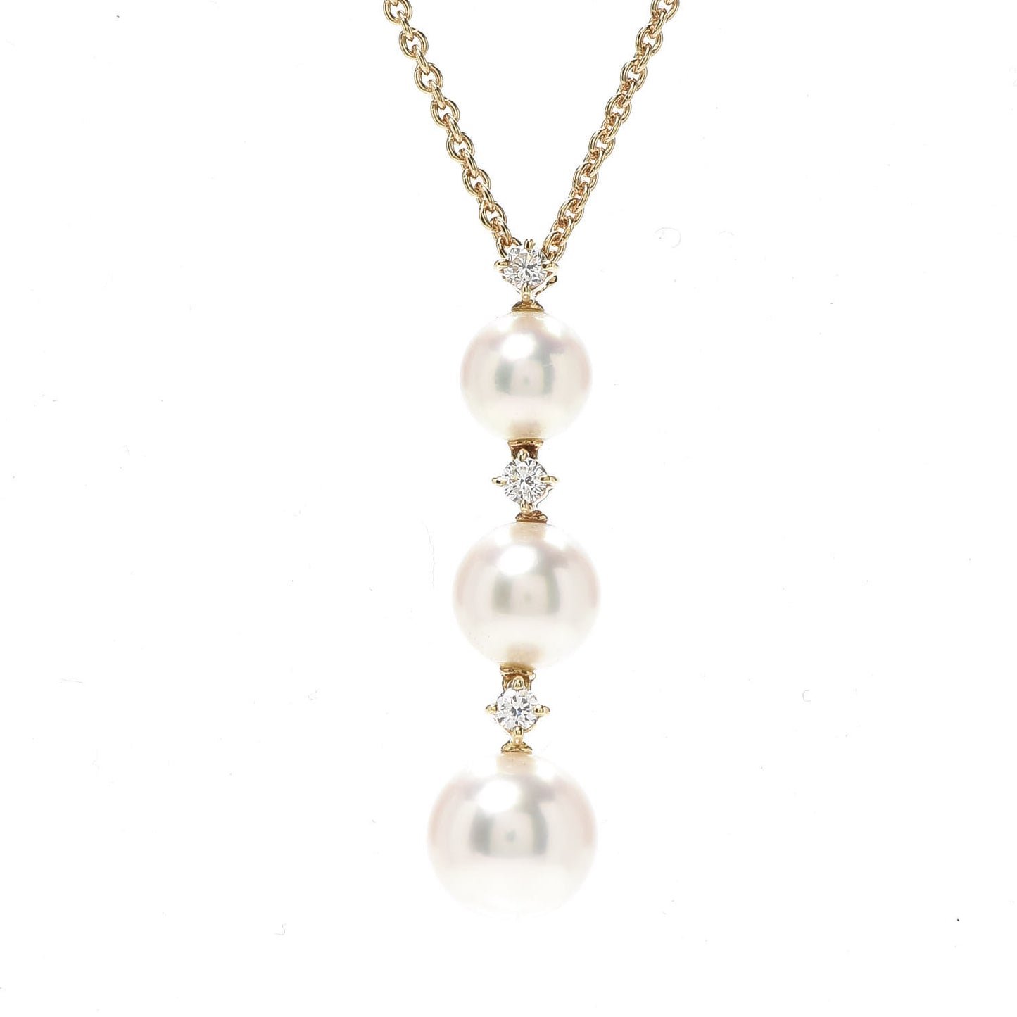 18K Yellow Gold Diamond Akoya Pearl 5-7.5mm Three Pearl Drop Pendant Necklace