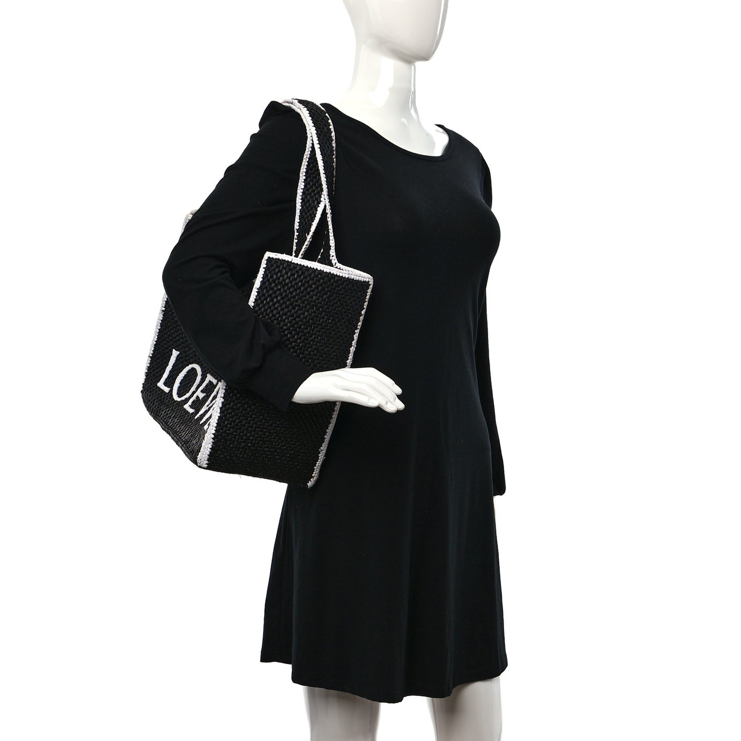 Raffia Large Paula's Ibiza Logo Tote Black White